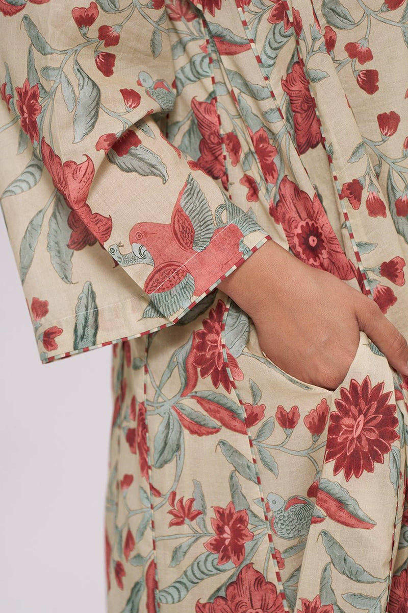 Vintage Beige and Rose Floral Print Kurta and Stripe Bottom Set