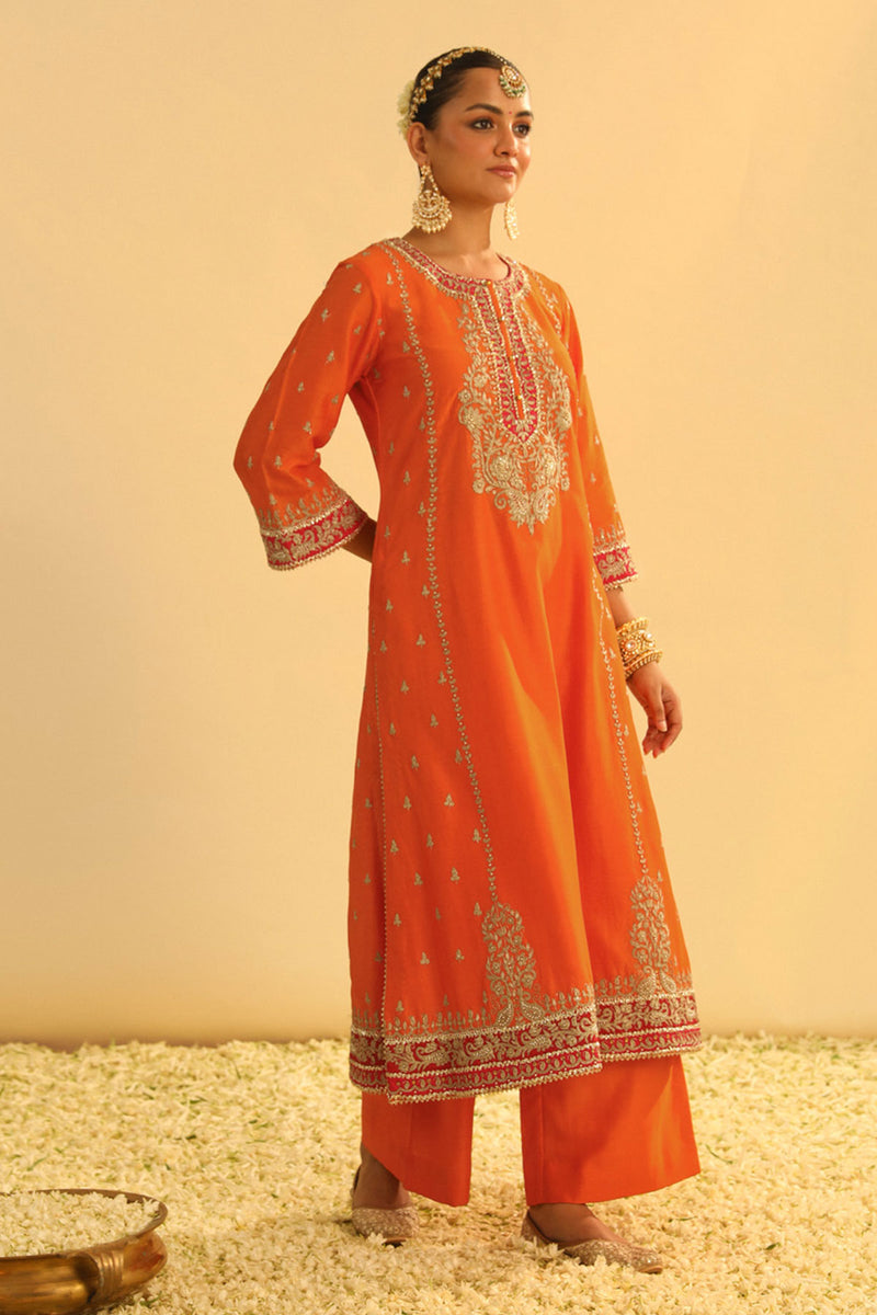 Mayra - Orange Long Kurta with Palazzo & Dupatta
