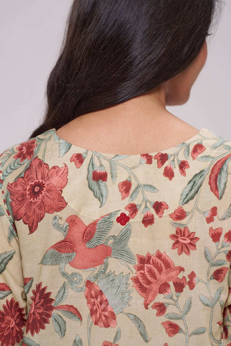 Vintage Beige and Rose Floral Print Kurta and Stripe Bottom Set