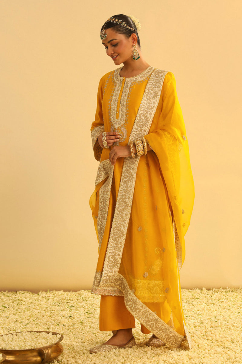 Asmira - Mustard Long Kurta with Palazzo & Dupatta