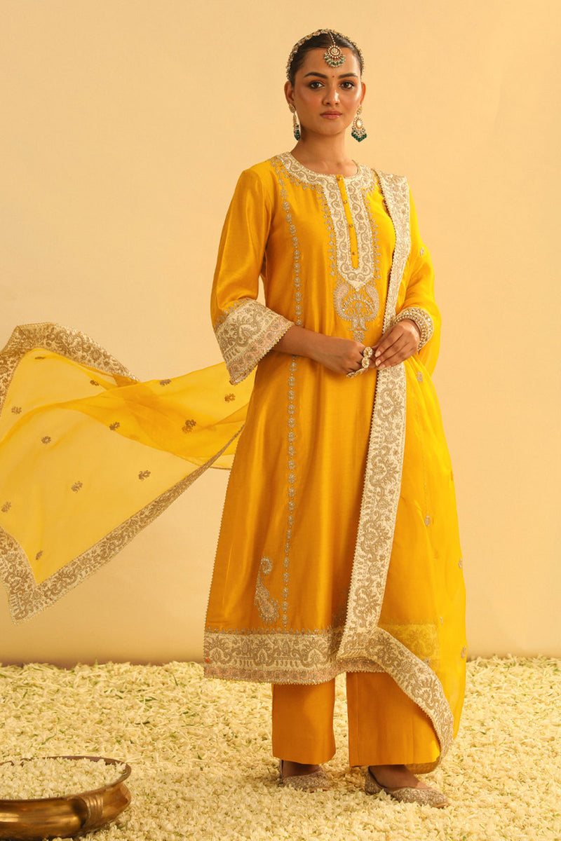 Asmira - Mustard Long Kurta with Palazzo & Dupatta