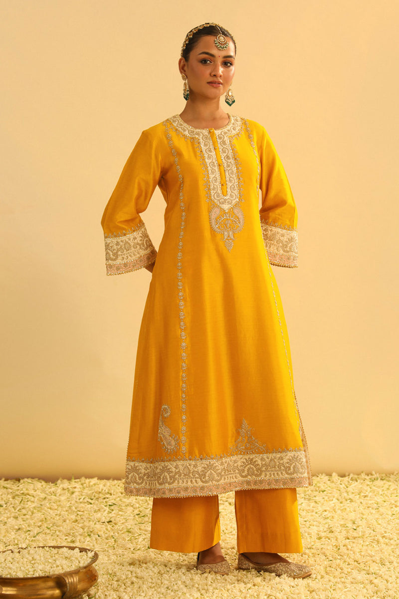 Asmira - Mustard Long Kurta with Palazzo & Dupatta