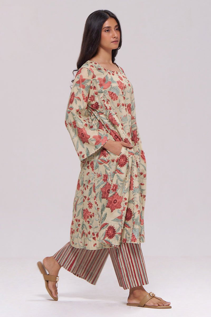 Vintage Beige and Rose Floral Print Kurta and Stripe Bottom Set