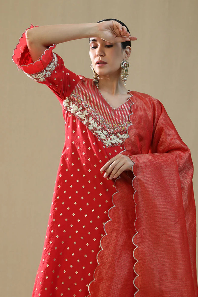 Red Self Chanderi Suit Set
