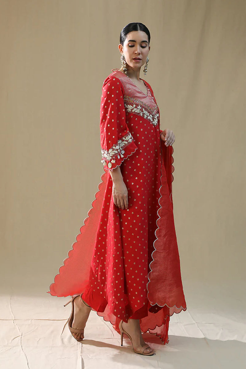 Red Self Chanderi Suit Set