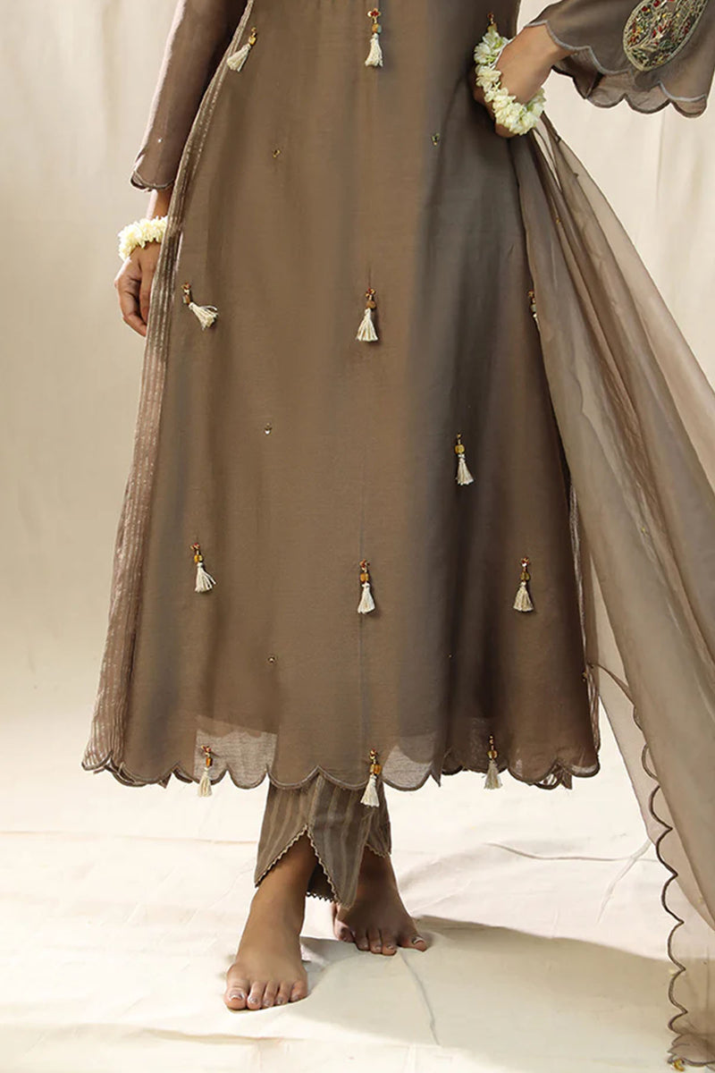 Mocha Ambi A Line Suit Set,Dori Zardozi Resham