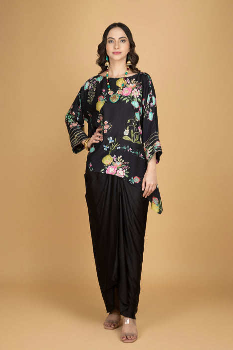 Black Printed Embroidered High Low Top W/Drape Skirt