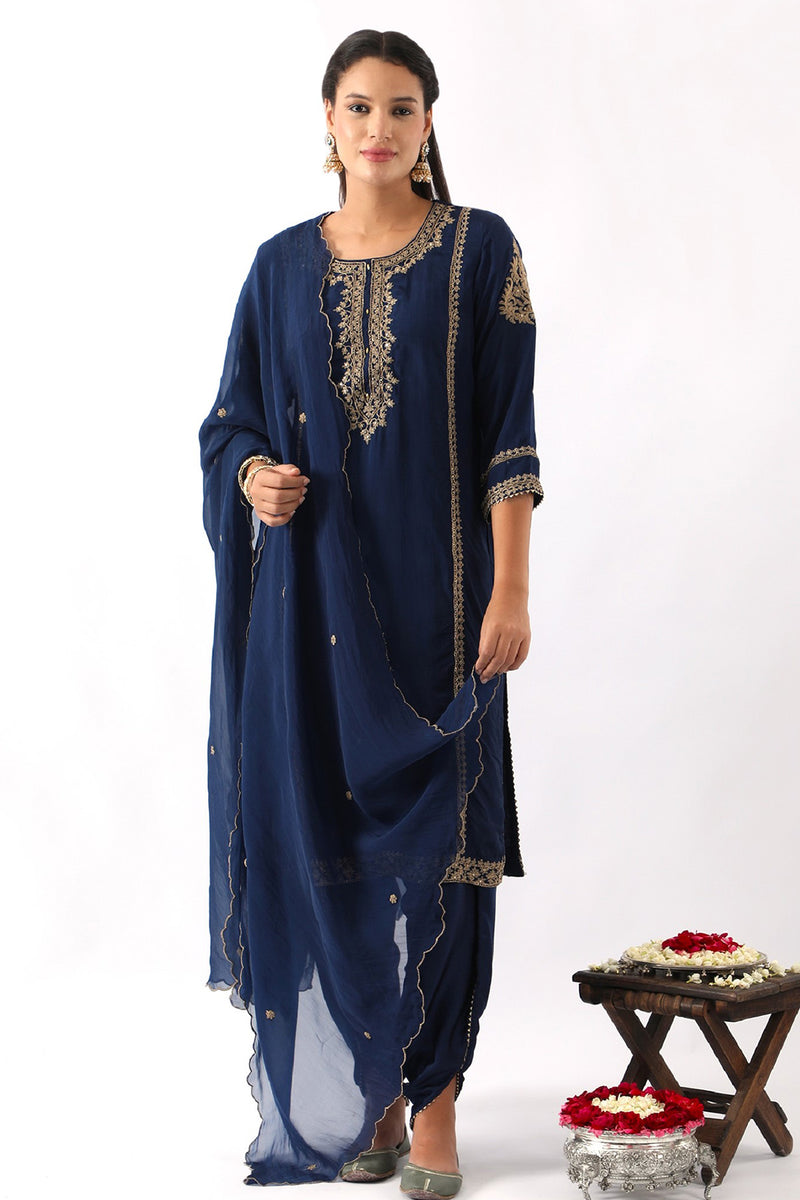 Midnight Blue Neck Embroidered Kurta & Dhoti Set