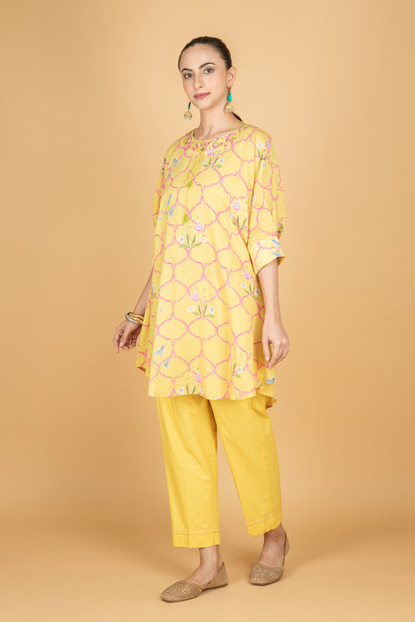 Lemon Yellow Embroidered Floral Print Short Kurta with Solid Pants
