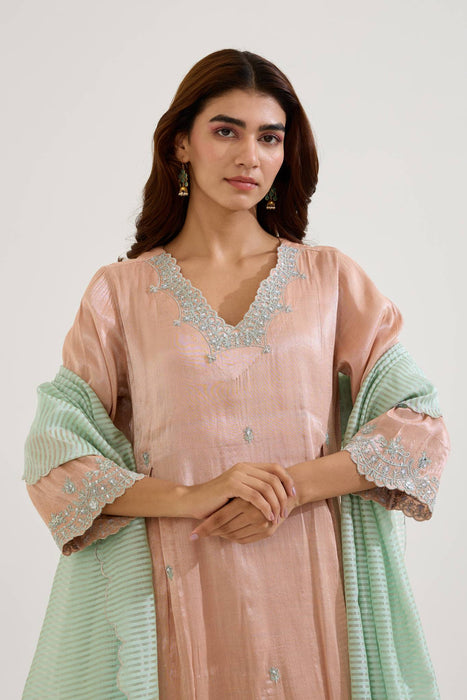 Pink Floral Zari Tissue Anarkali with Narrow Pants and Dupatta - Set of 3