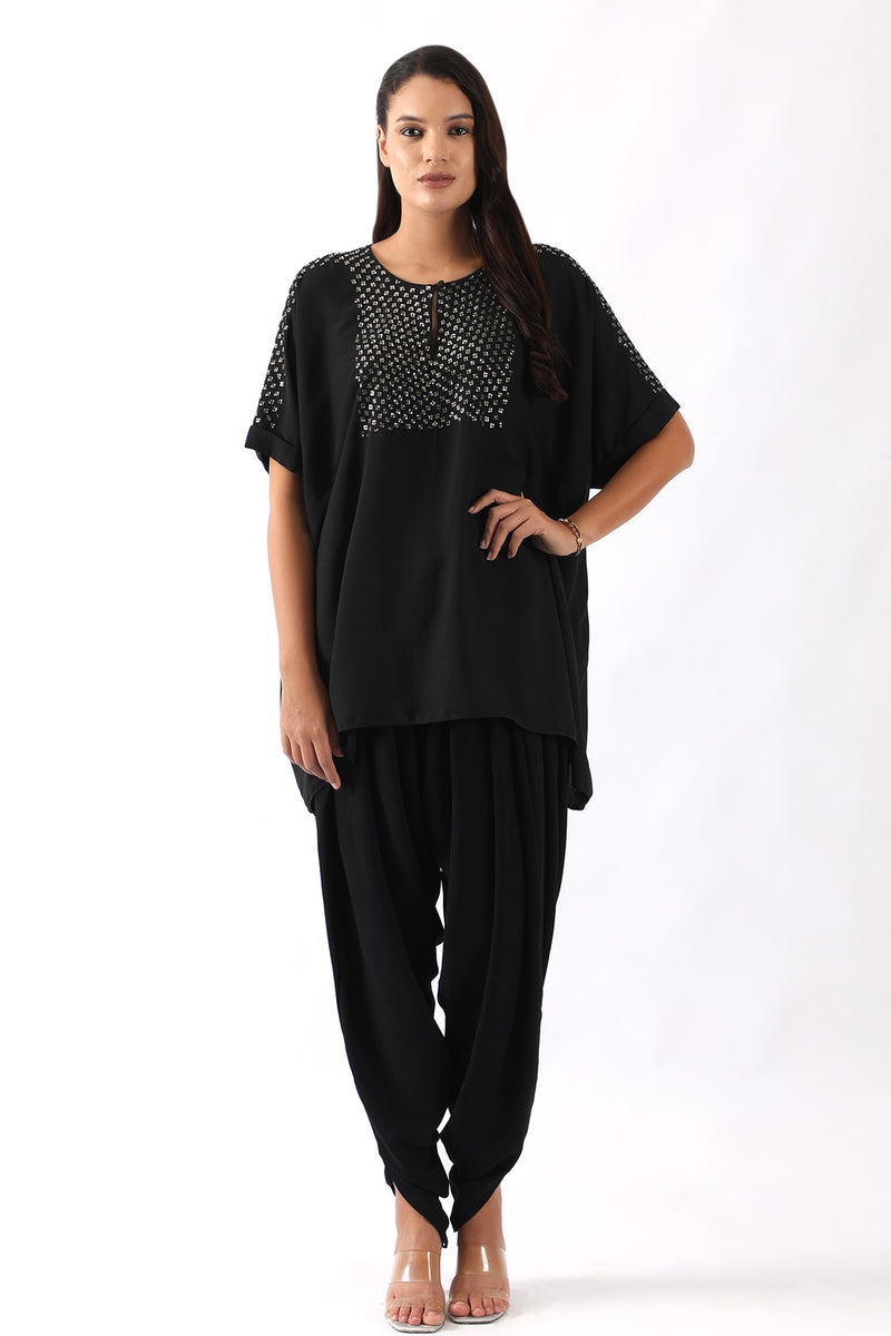 Black shoulder embroidered kaftan with dhoti