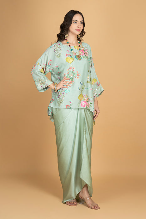 Green Printed Embroidered High Low Top W/Drape Skirt