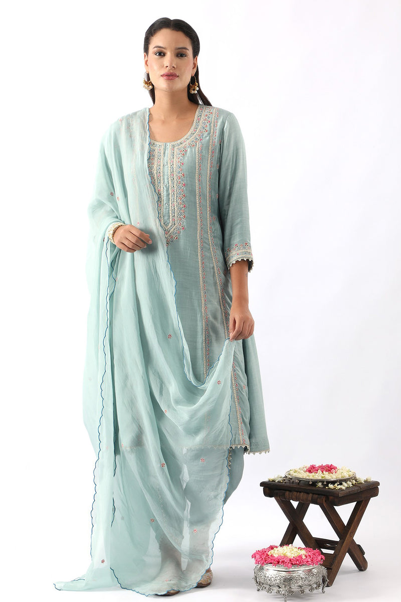 Ice Blue Embroidered A-Line Kurta & Dhoti Set
