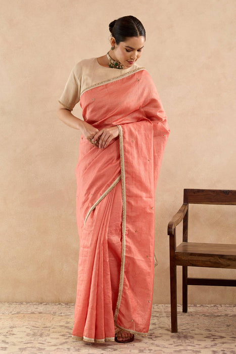 Red Gold Sequins Chanderi Stripe Saree with Tissue Blouse