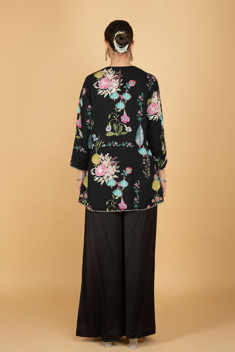 Black Floral Print Embroidered Overlay Top With Pants