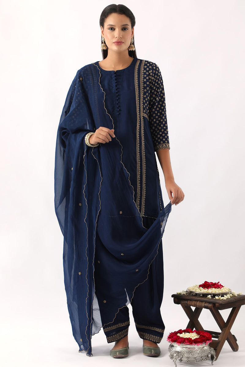 Midnight Blue yoke & sleeve embroidered short kurta & Salwar set