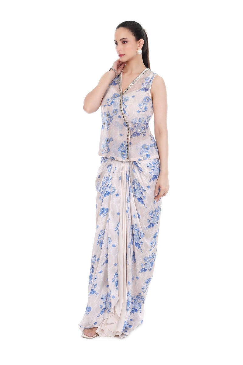 Blue White Sleeveless Jacket with Bustier & Drape Skirt