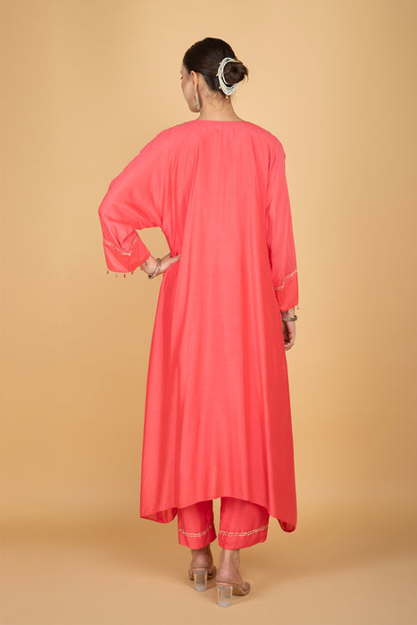 Coral Pink  Embroidered Kaftaan  Kurta With Pants