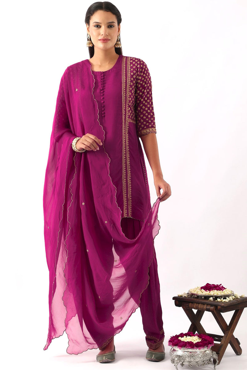 Magenta Pink yoke & sleeve embroidered short kurta & Salwar set