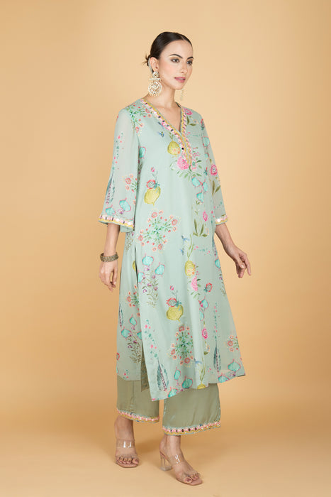 Green Floral Print Mirror Embroiderd Kurta With Pants & Dupatta