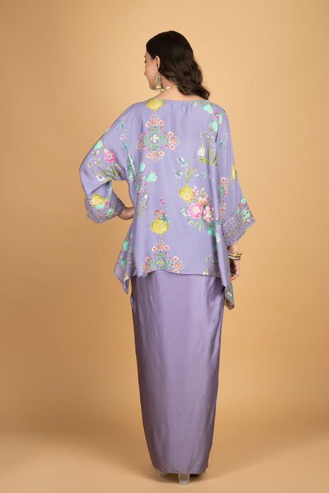 Purple Printed Embroidered High Low Top W/Drape Skirt