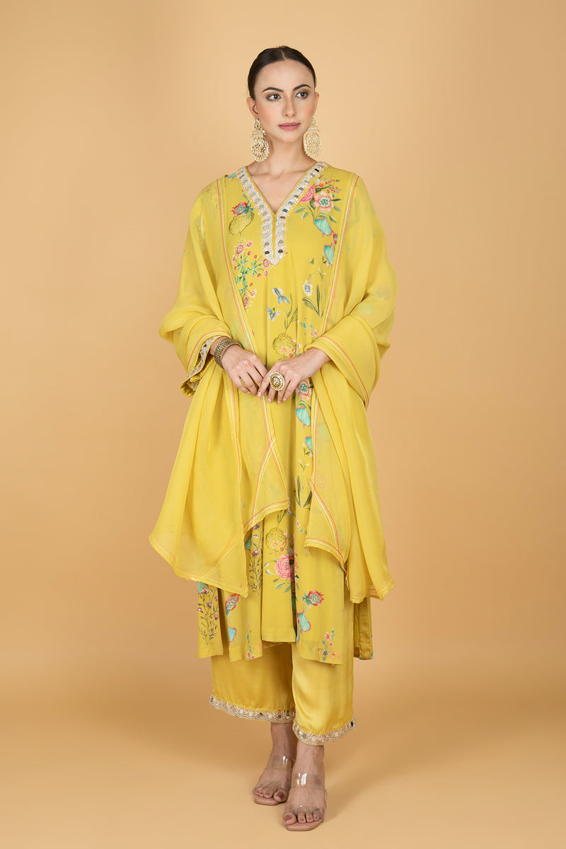 Lemon Yellow Floral Print Mirror Embroidered Kurta With Pants & Dupatta