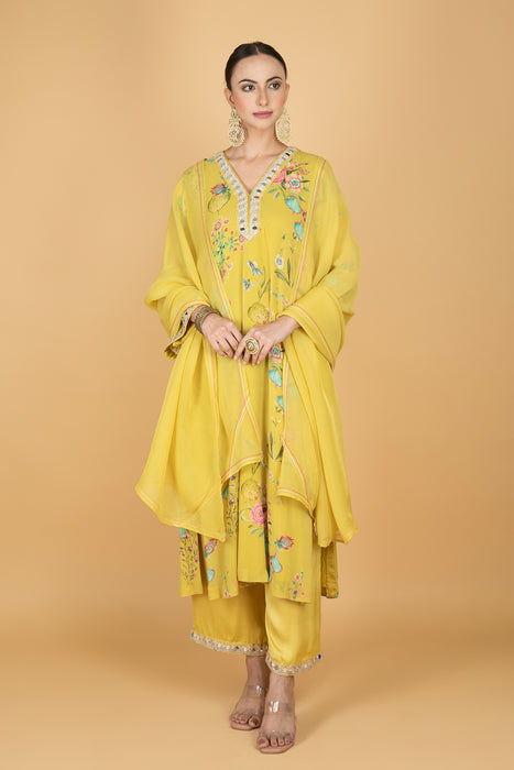 Lemon Yellow Floral Print Mirror Embroidered Kurta With Pants & Dupatta