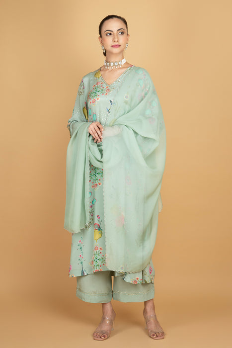 Green Floral Printed Sequin Embroidery Kurta with Pant & Dupatta Set