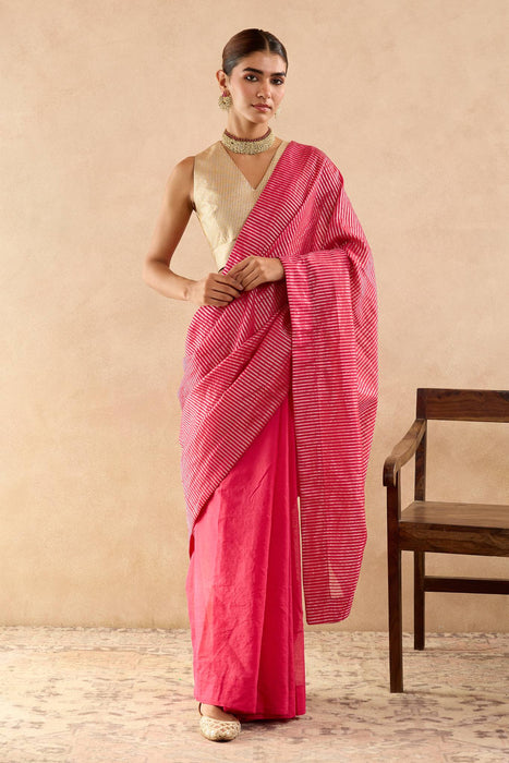 Fuchsia Pink Chanderi Saree with Stripe Pallu with Dupion Zari Blouse