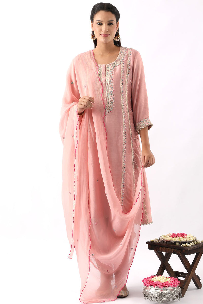 Pink Embroidered A-Line Kurta & Dhoti Set