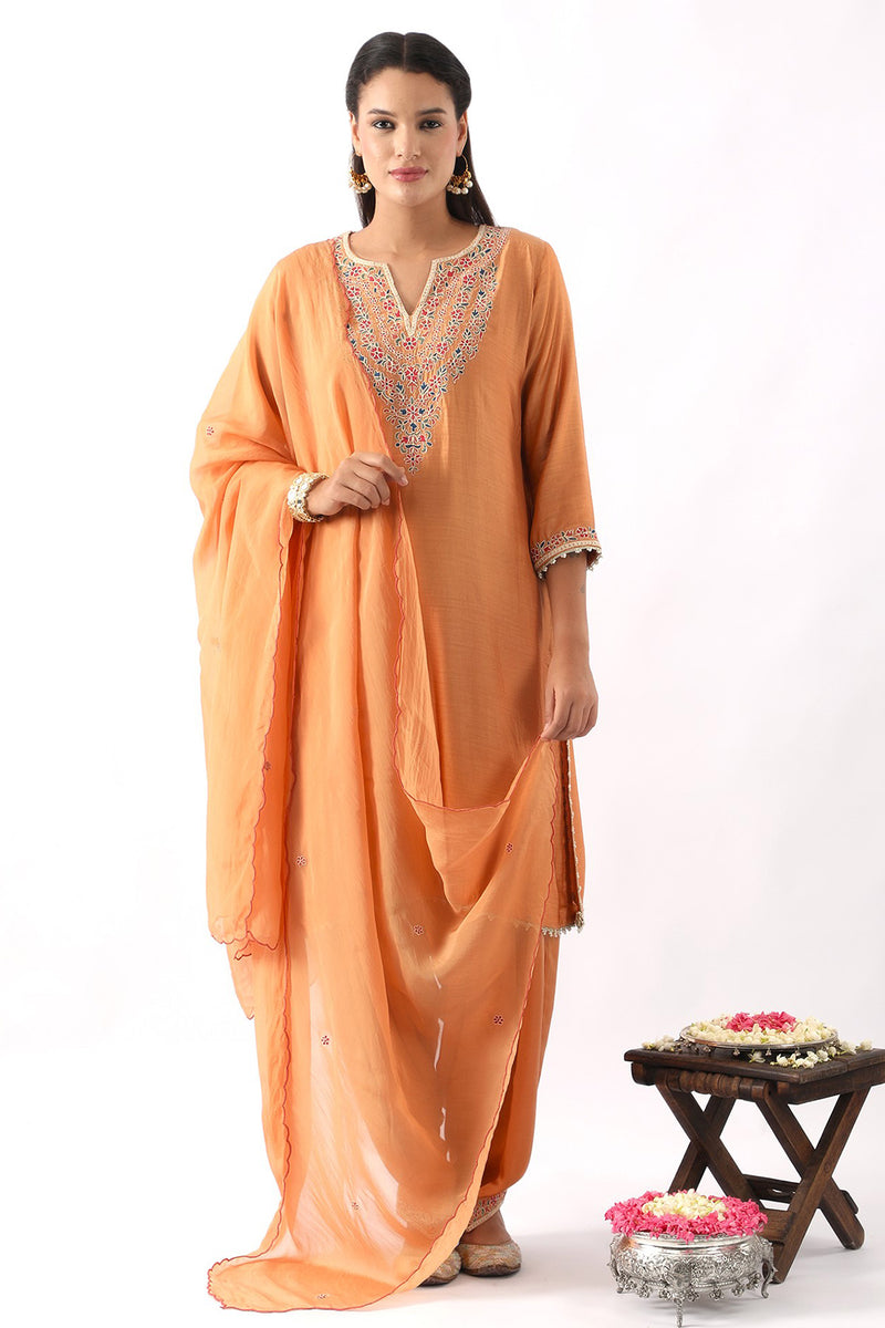 Orange Neck Embroidered Kurta & Salwar Set