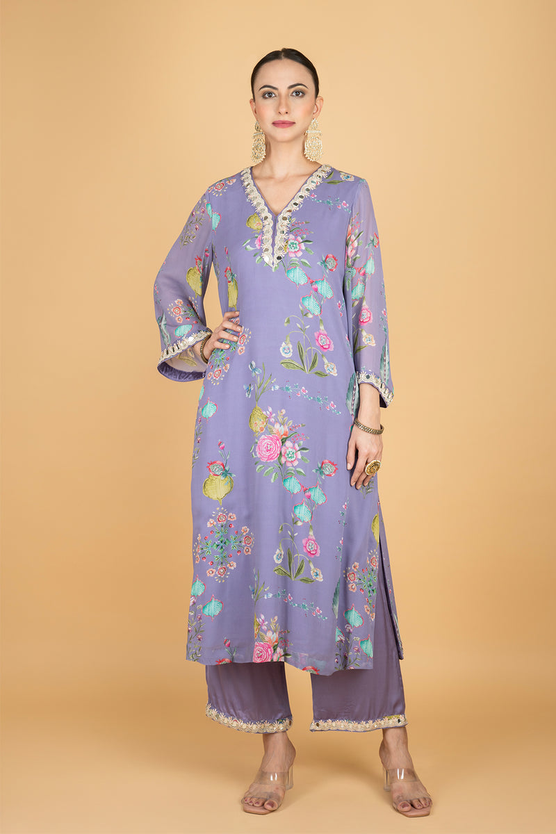 Purple Floral Print Mirror Embroiderd Kurta With Pants & Dupatta