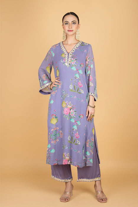 Purple Floral Print Mirror Embroiderd Kurta With Pants & Dupatta