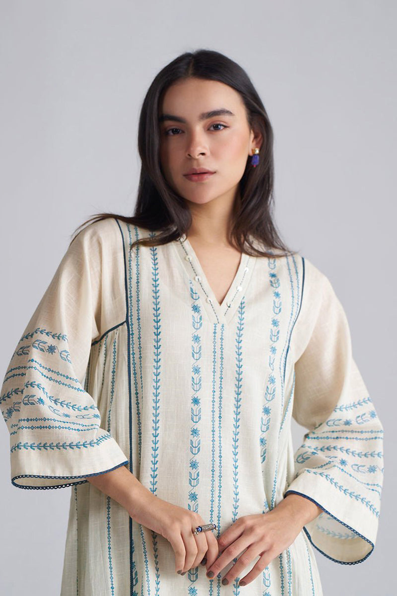 Ivory With Blue Cotton Linen Co-ord Set