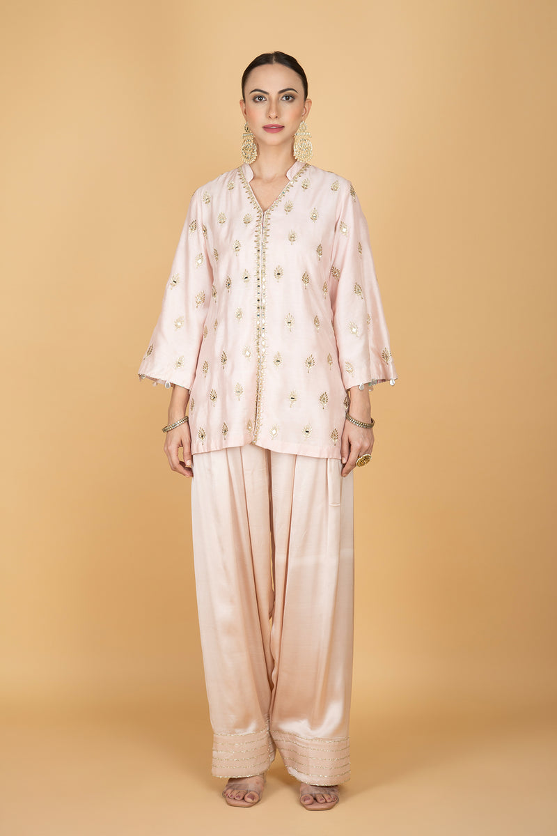 Nude Pink Mirror Butti Embroidered Short Kurta with Farsi Salwar & Printed Dupatta
