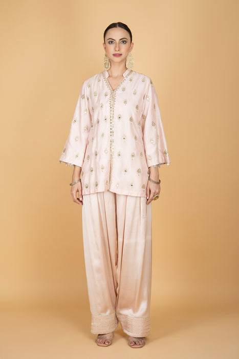 Nude Pink Mirror Butti Embroidered Short Kurta with Farsi Salwar & Printed Dupatta