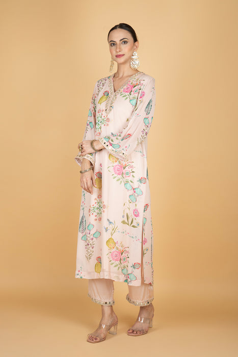 Nude Pink Floral Print Mirror Embroidered Kurta With Pants & Dupatta