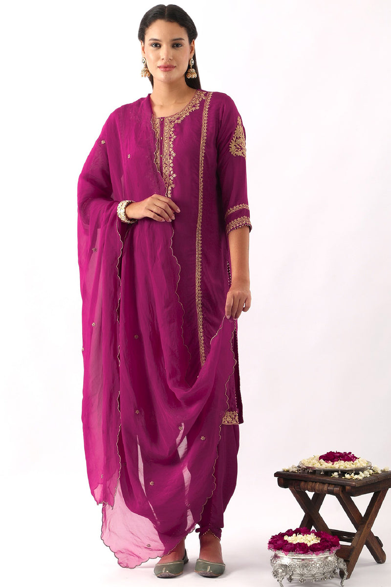 Magenta Pink Neck Embroidered Kurta & Dhoti Set