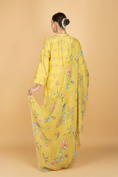 Lime Yellow Mirror Butti Embroidered Short Kurta with Farsi Salwar & Printed Dupatta