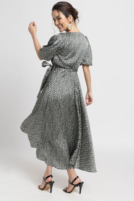 Noir Botanical Surplice Midi Dress