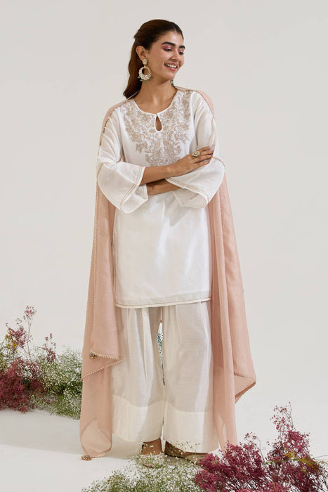 Rosy White Zari Kurta with Farsi Salwar and Dupatta - Set of 3