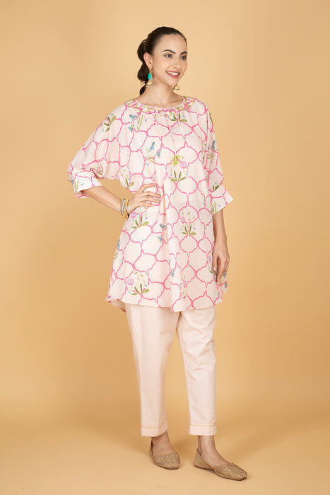 Nude Pink Embroidered Floral Print Short Kurta with Solid Pants