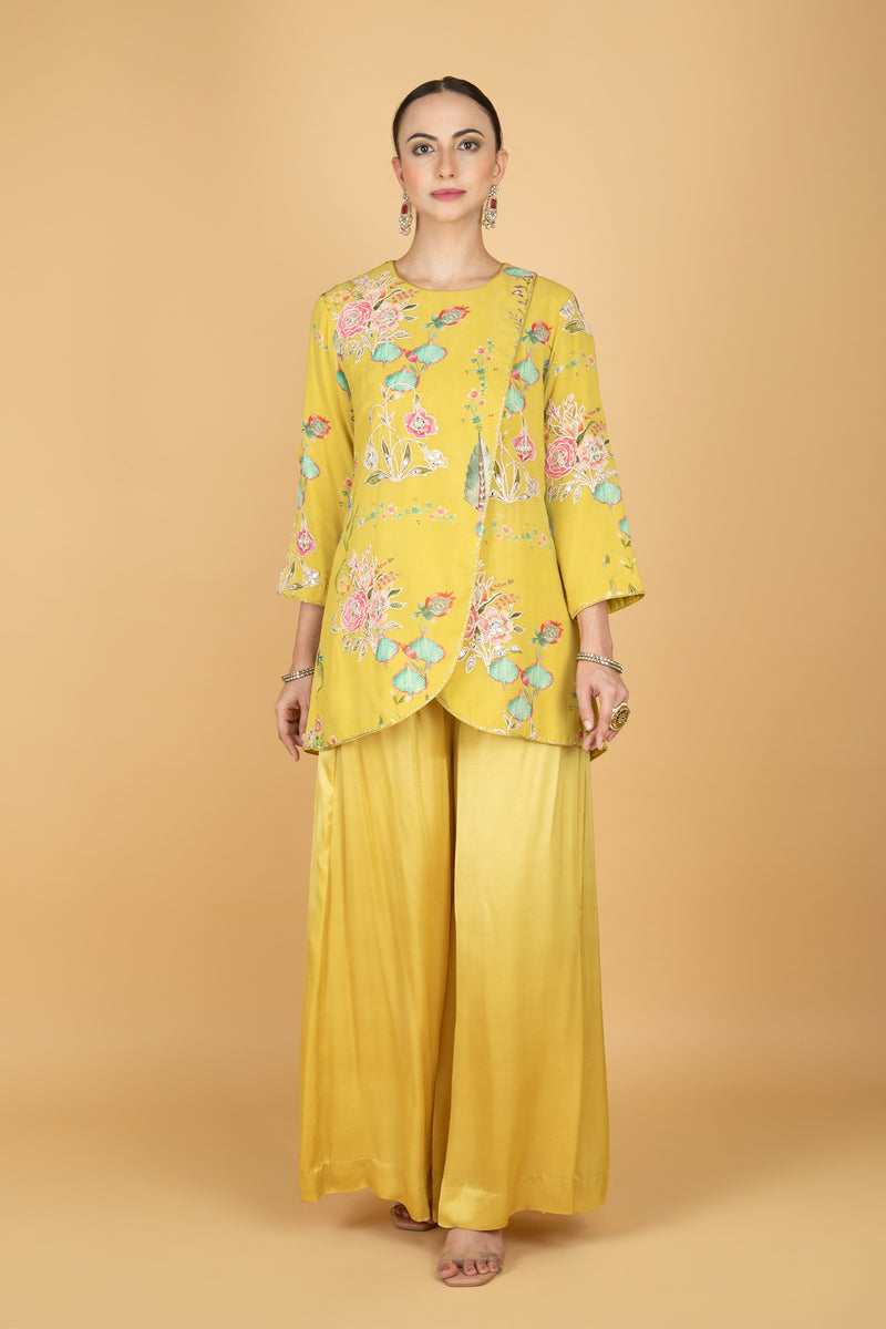 Lemon Yellow Floral Print Embroidered Overlay Top  W/Pants