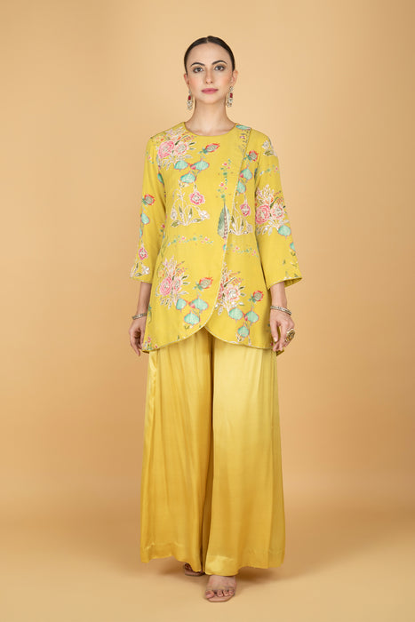 Lemon Yellow Floral Print Embroidered Overlay Top  W/Pants