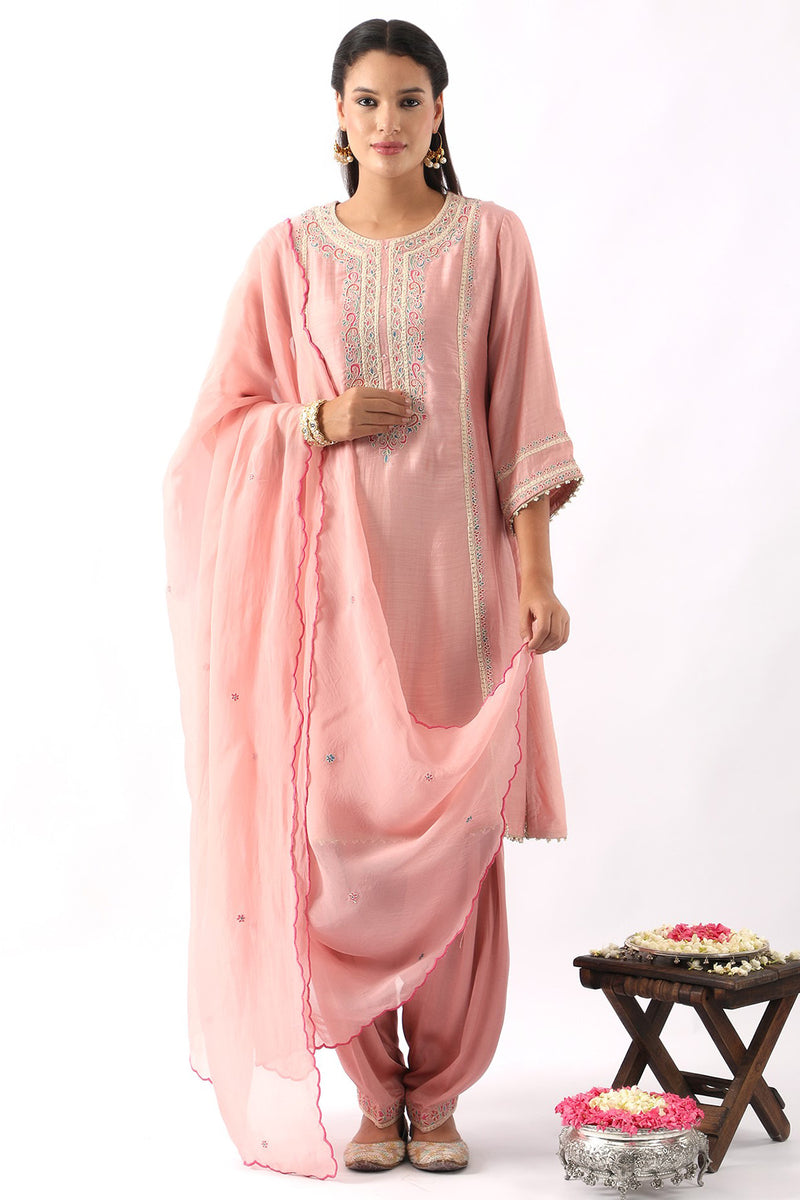 Blush Pink Embroidered A-Line Kurta & Salwar Set