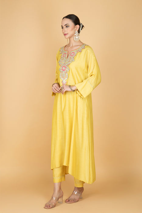 Lemon Yellow Embroidered Kaftaan  Kurta With Pants