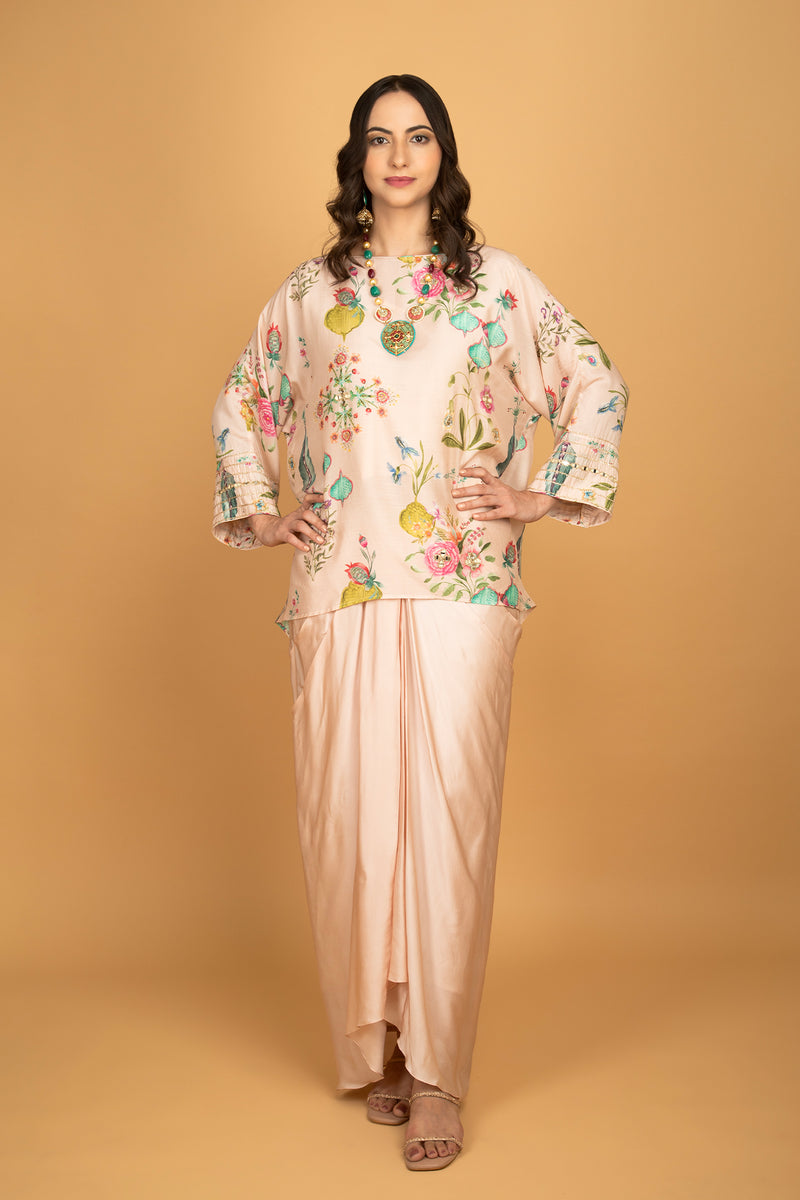 Nude Pink Printed Embroidered High Low Top W/Drape Skirt