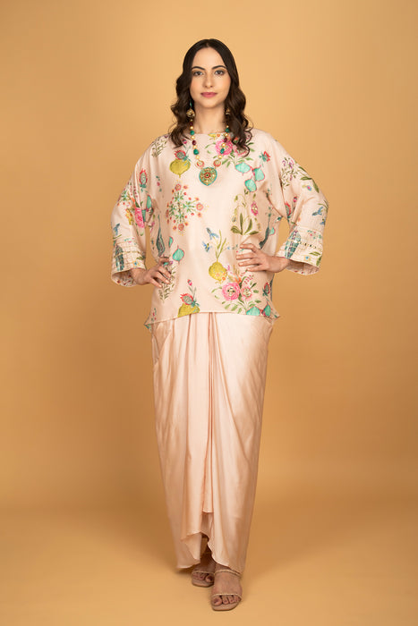 Nude Pink Printed Embroidered High Low Top W/Drape Skirt