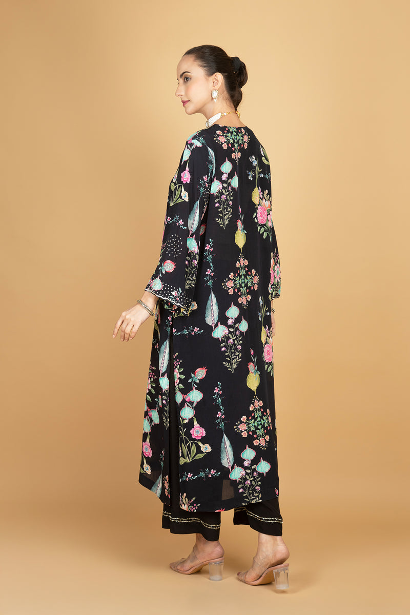 Black Floral Printed Sequin Embroidery Kurta with Pant & Dupatta Set