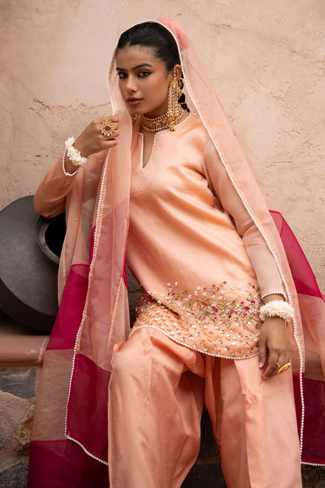 Peach Pink Hand-Embroidered Farshi Set